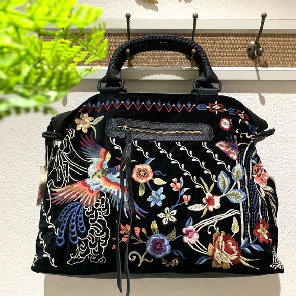 Johnny Was Black Denim & Leather with Floral Embroidery Dreamer Overnight Tote - Picture 8 of 14